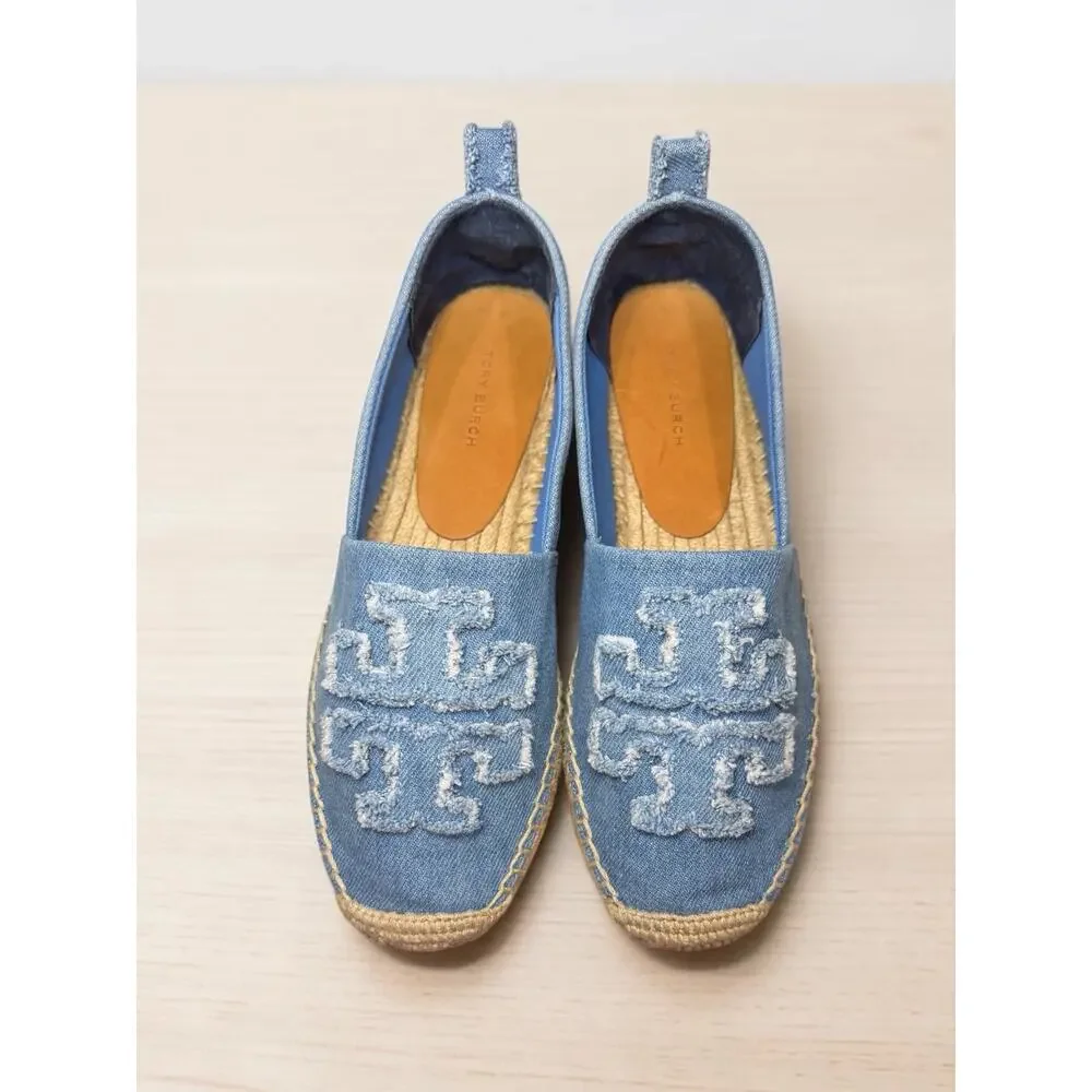 Tory Burch Double T Denim Espadrille Flat Size 7M